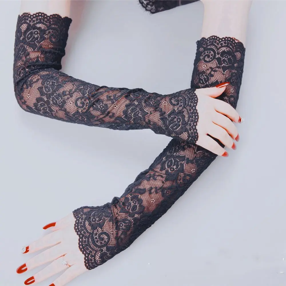 

Elegant Long Stretch Fingerless Sunscreen Driving Sexy Glove Lace Arm Sleeve Arm Warmers Solid Color