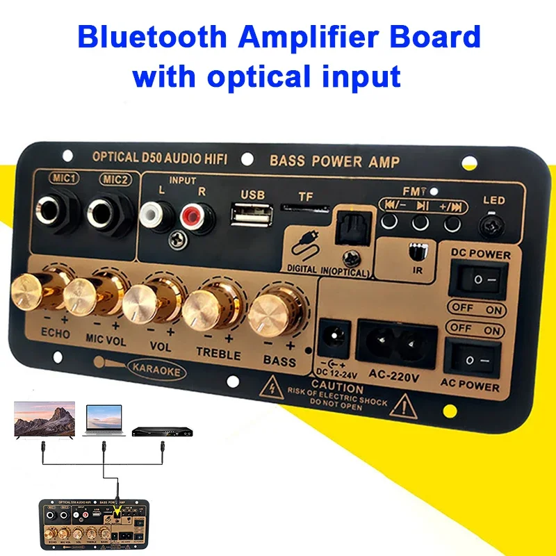 

D50 Bluetooth Amplifier Board with Optical Input Home Car Karaoke Subwoofer Audio Amplificador Audio Subwoofer 12V-24V 110V/220V