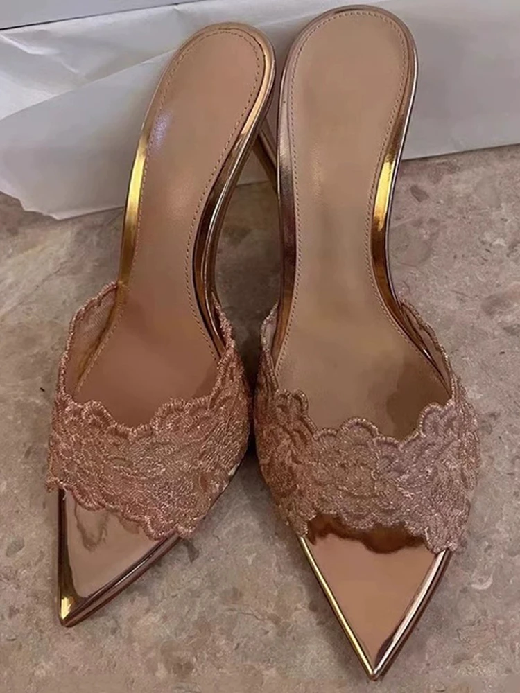 Sexy Silver Pointed Slim Heel High Heel Sandals for Female Outwear, Back Air Cooling Tug, Mesh Embroidered Open Toe One Line Tug