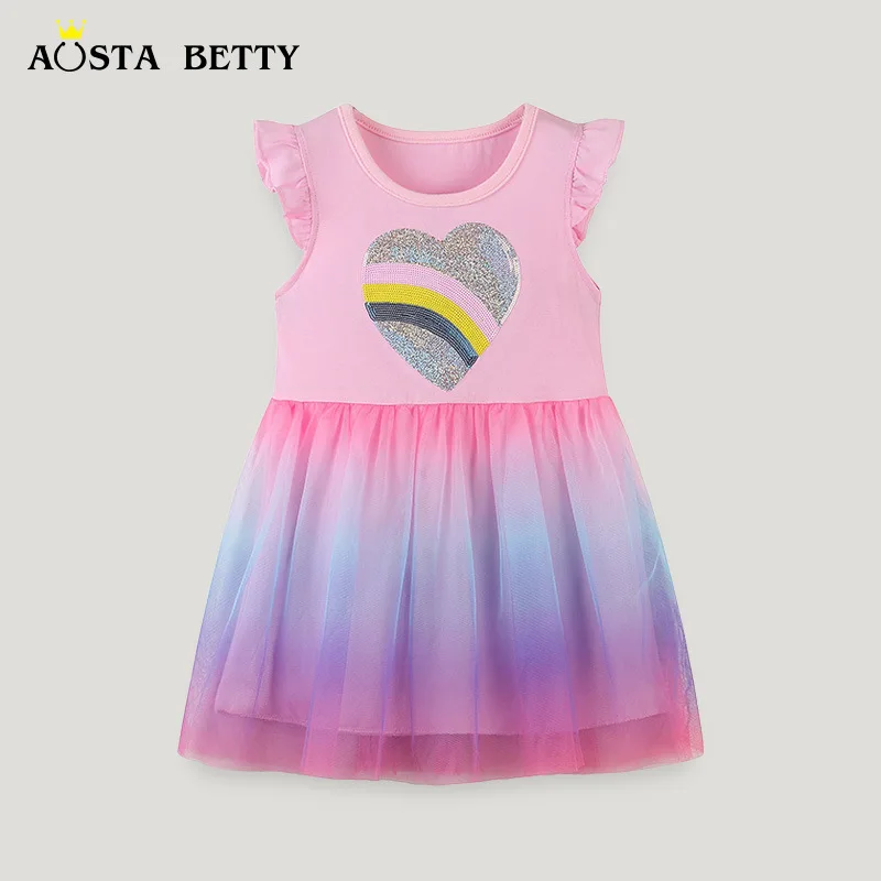 

European Style Girls Short Sleeve Dress Summer Cartoon Color Gauze Princess Round Neck Children's Tulle