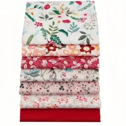 7 - Piece Red Floral Pure Cotton Quilted Fabric Squares - 25x25cm (Red)
