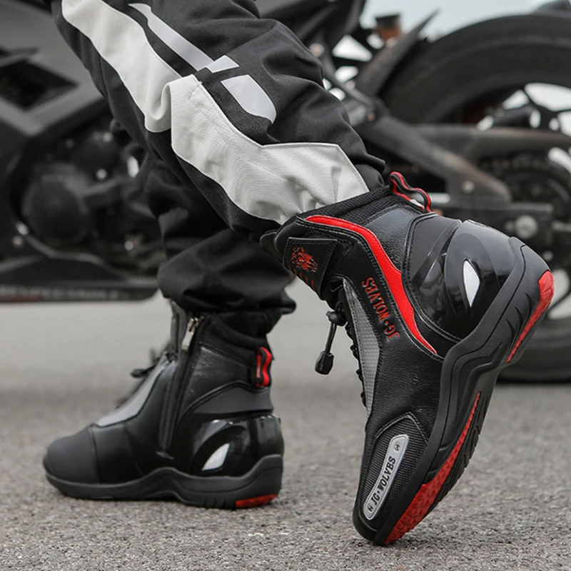 Men's Motorcycle Boots Leather Wear-Resistant Rubber Anti Slip Motos Protective Riding Anti-fall Shoes