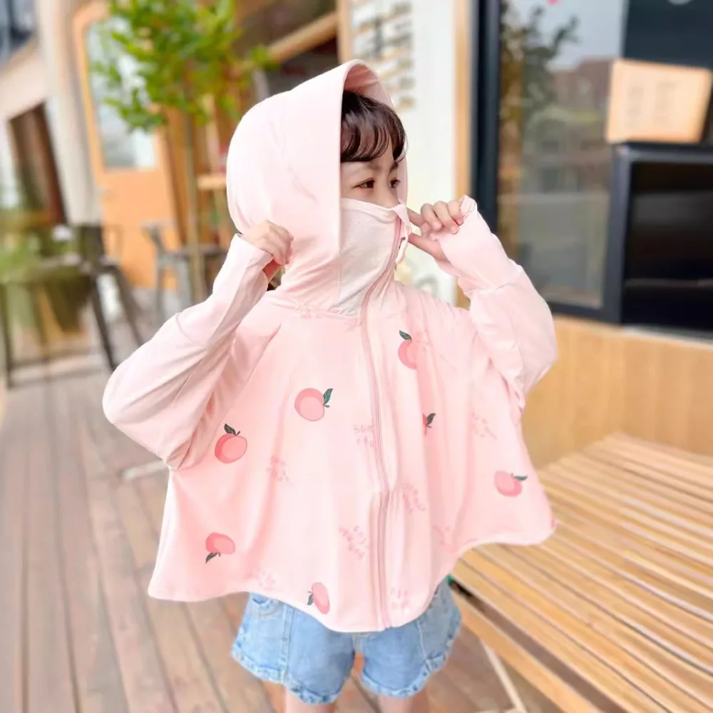 Description Picture 5 of itemHat Kids Sunscreen Hoodie with Mask Veil Long Sleeve Arm Sleeves Children Sun Protection Clothing Crop Top Thin