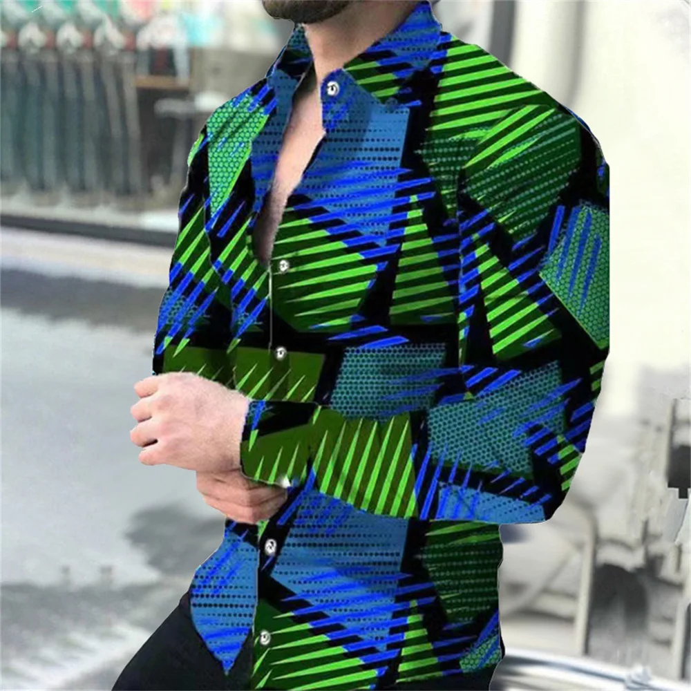thumbnail image 1 of Camisas de primavera con estampado 3D de cuadros y flores para hombre, camisa de manga larga con solapa y botón, camisas Y2k, ropa informal ajustada a la moda, 1 of 5