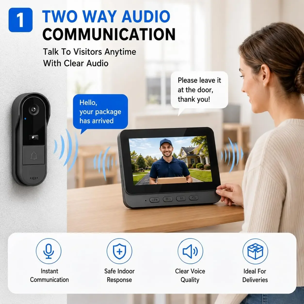 Campanello Wireless WiFi con Telecamera 1080P, Videocitofono Impermeabile, Schermo IPS da 4,3 Pollici, Campanello di Sicurezza Domestica con Visione Notturna IR - immagine 2