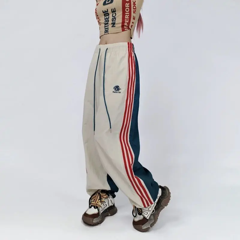 Fashion Retro Patchwork Striped Drawstring Sports Women's Trendy High Street Elastic High-waisted Loose Wide Leg Casual Pants