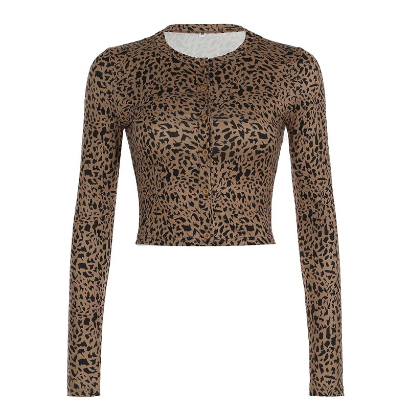 Leopard Print O Neck Fitted Crop Top Women Sexy Fashion Streetwear Y2K Vintage Brown Long Sleeve Buttons Tee shirt