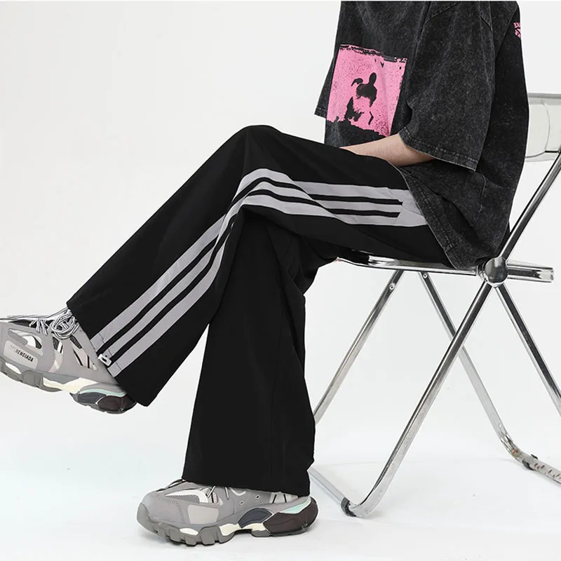 Contrasting Colors Patchwork Striped Men Spring Fashion High Street Wine Red Straight Cylinder Quick Drying Casual Trousers
