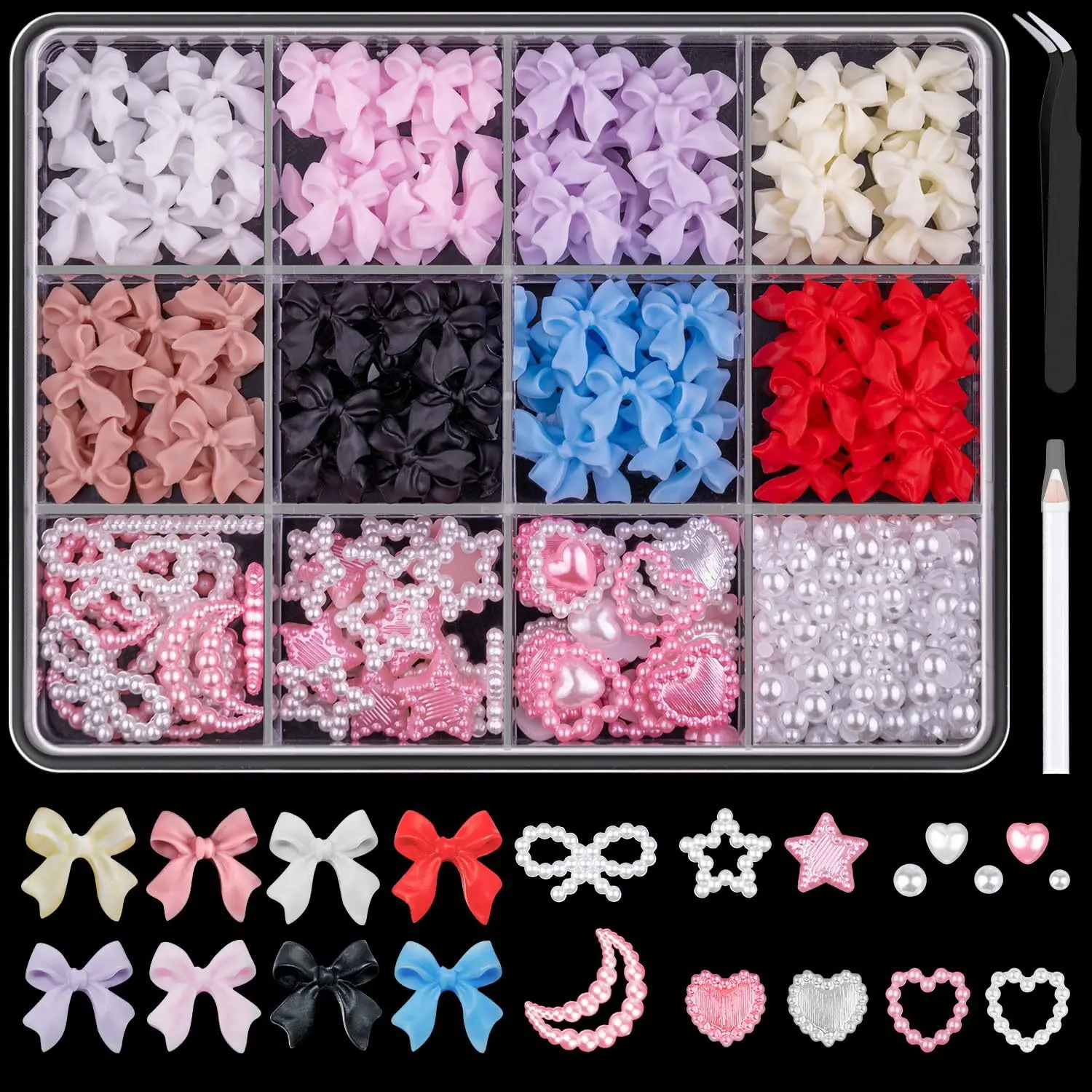 12grid/box Mixed Bow Ribbon Nail Art Resin Charms Five-petal Flower Hollowed Out Pearl Set Jewelry DIY Nail Art Accessories *##