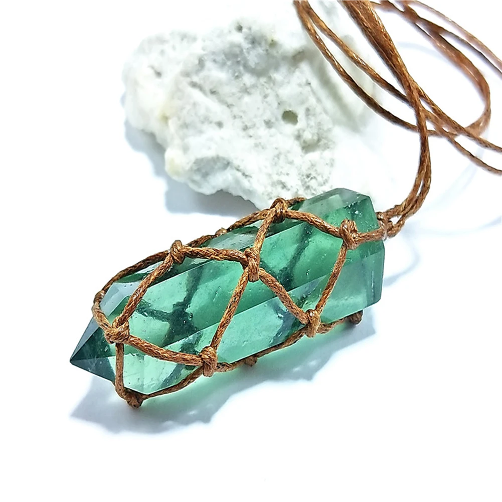 Colgante de cristal de Esmeralda Natural para hombre y mujer, Varita de piedras preciosas DT, Reiki verde, collar trenzado, Yoga, macramé