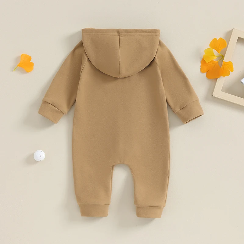 2023-08-15 Lioraitiin 0-24M Baby Girls Boys Autumn Hooded Jumpsuit Solid Color Long Sleeve Zipper Closure Casual Romper 3