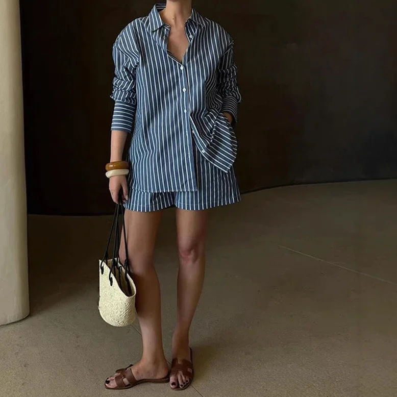 Women's Striped Shirt Set Short Sleeve Top with Shorts Lounge Two Piece Outfit Casual Summer Pajama Set