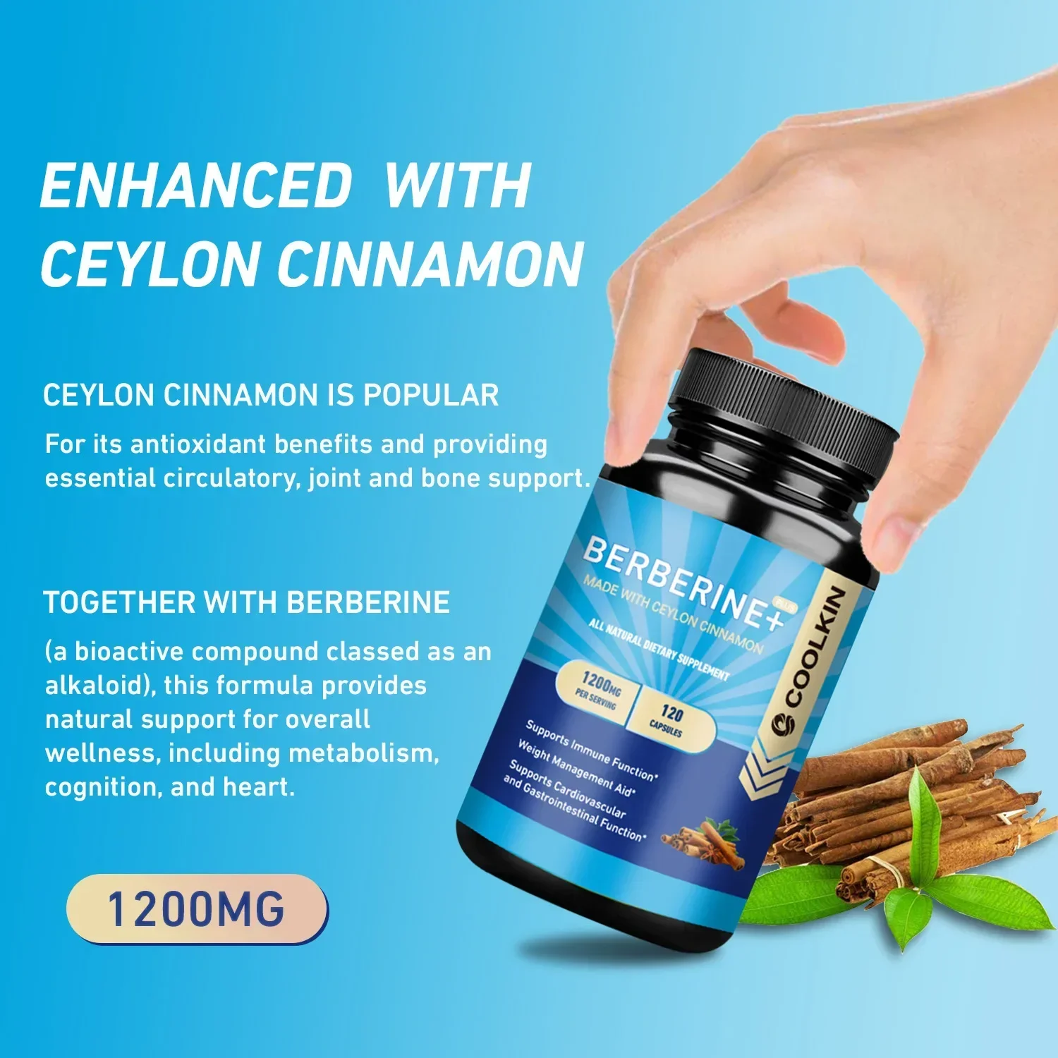 Premium Berberine HCl 1200 Mg Plus Organic Ceylon Cinnamon-Immune System Support, Weight Management Supplement