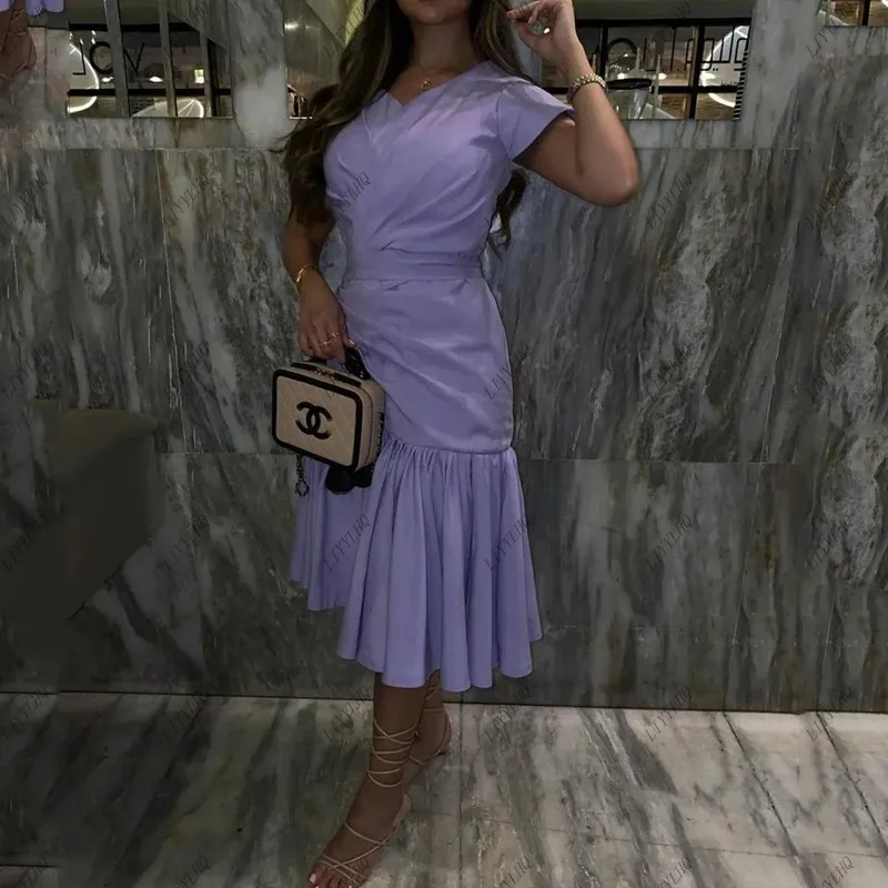 

LIYYLHQ Великолепные фиолетовые платья для выпускного вечера Саудовская Аравия ТРАПЕЦИЕВИДНОЕ официальное платье с V-образным вырезом милое ДРАПИРОВАННОЕ Вечернее Платье До Колена