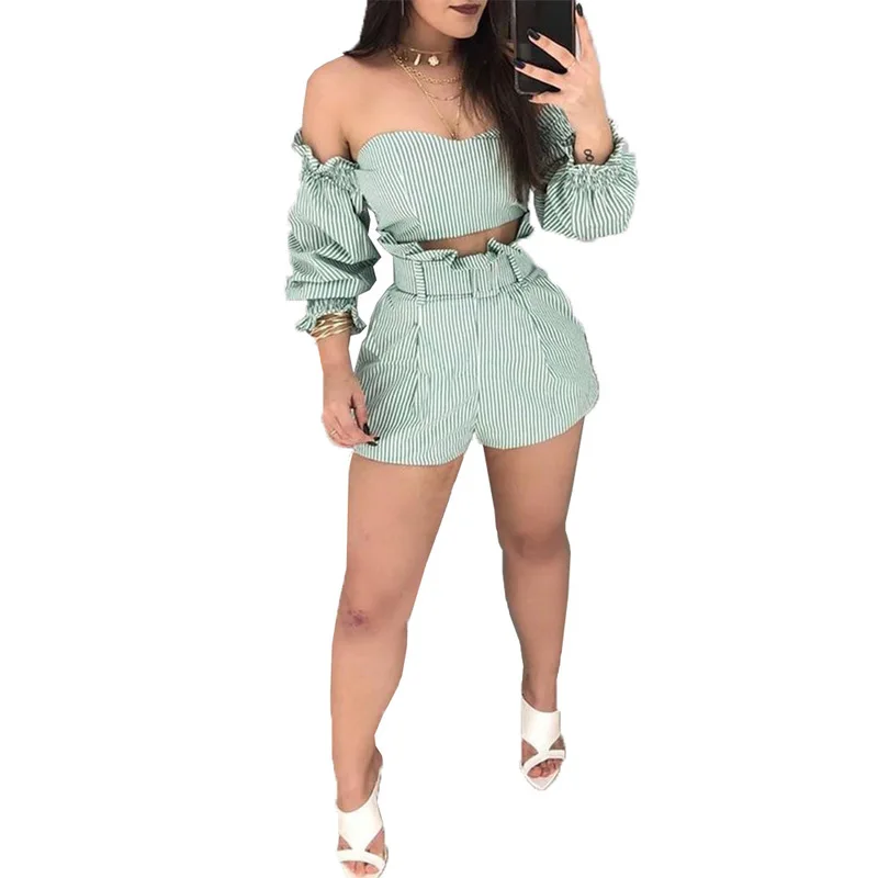 Sexy Club Women Fashion Shorts Set Ruffle Green High Waist Stripe Pants Set 2 Piece Outfit Sets Beachwear Casual Summer Shorts