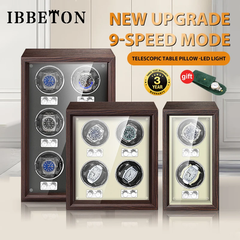 IBBETON Brand Mechanical Automatic Watch Winder Luxury Wood Watch Box with LED Light and Lid Sensor Watches Storage Safe Box