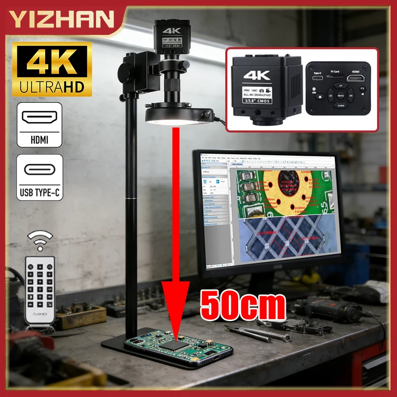 YIZHAN UHD 4K 60MP/48MP/13MP 디지털 현미경(납땜용) 1080P 60FPS 카메라 150X 렌즈 링 라이트 금속 베이스 스탠드 도구