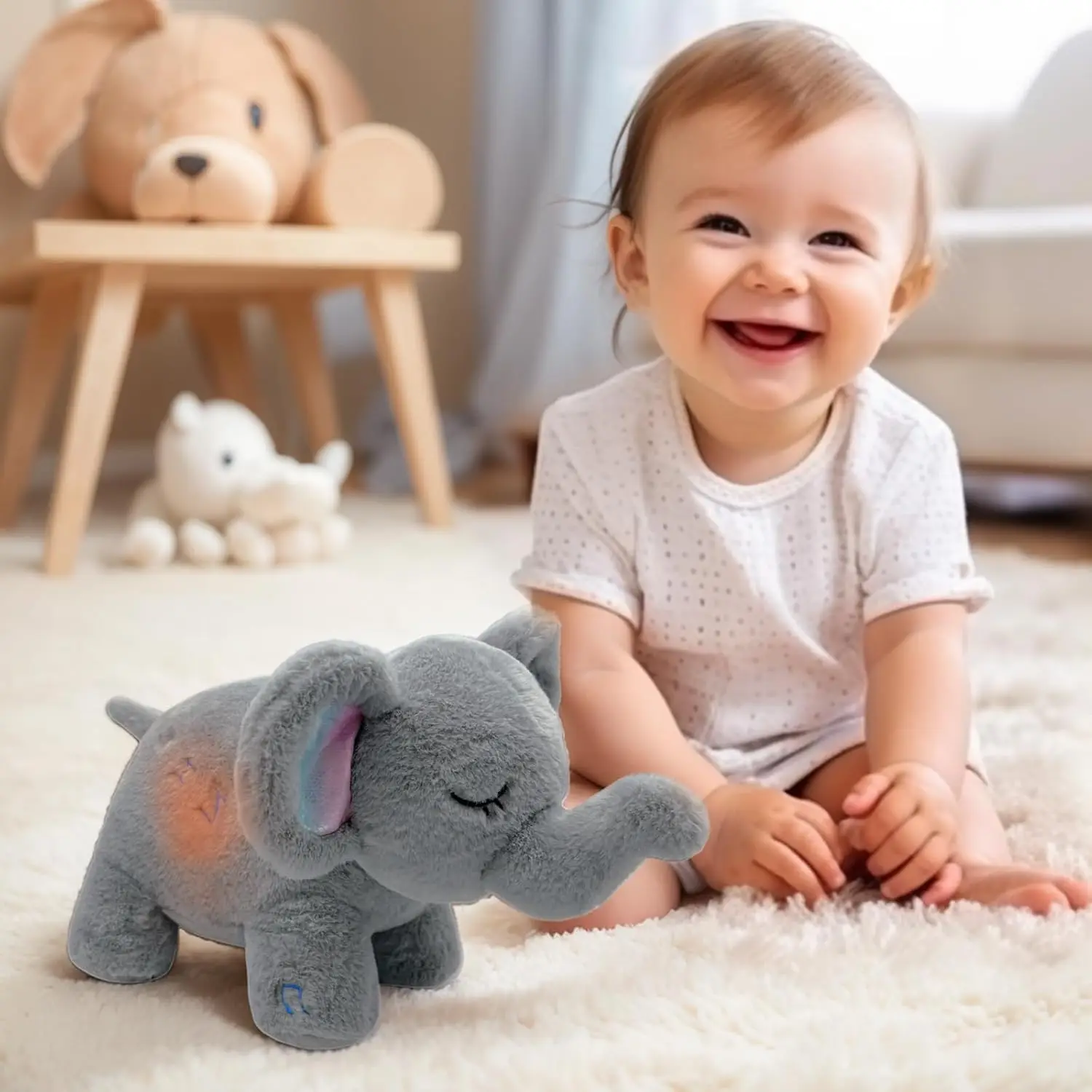Breathing Elephant Plush Doll Stuffed Toy Baby Breathing Sleeping Companion Music and Light Doll Sensory Stuffed Toy Kids Gift