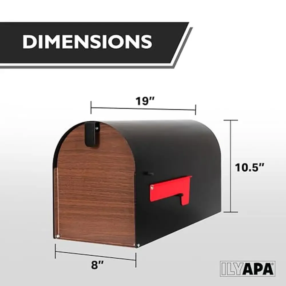 Modern Black Metal Mailbox with Wood Pattern Door Heavy Duty Steel Post Mount Outdoor Mail Box Weather Resistant Design Spacious