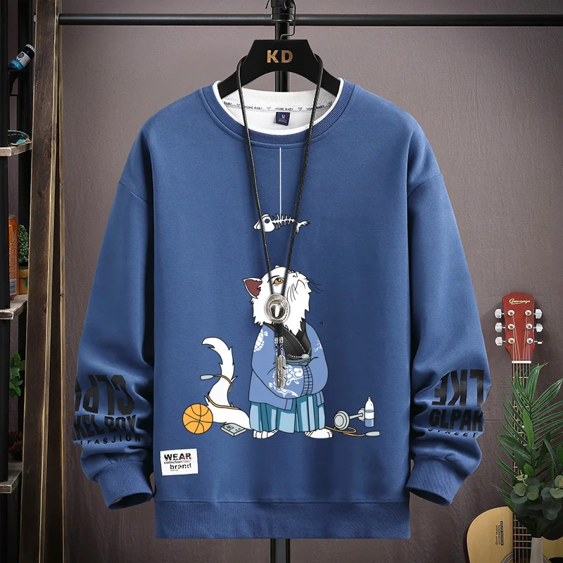 

Осенняя мужская синяя Толстовка, спортивная одежда с японским мультяшным котом, футболка с длинным рукавом и круглым вырезом, уличная одежда в стиле Харадзюку 2024