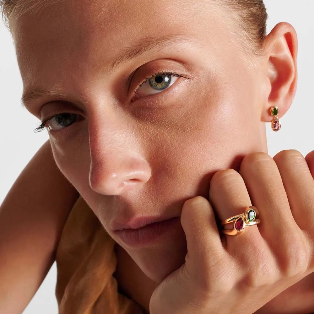 Delicate Mini Water Droplet Crystal Double Circle Rings for Women Green Zircon 18K Gold Plated Bride Wedding Ring Chic Jewellery