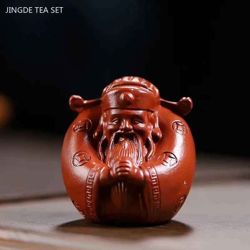 Yixing Purple Clay Tea Pet Small God of Wealth Figure Sculpture Chinese Tea Table Ornaments Desktop Feng Shui Arts