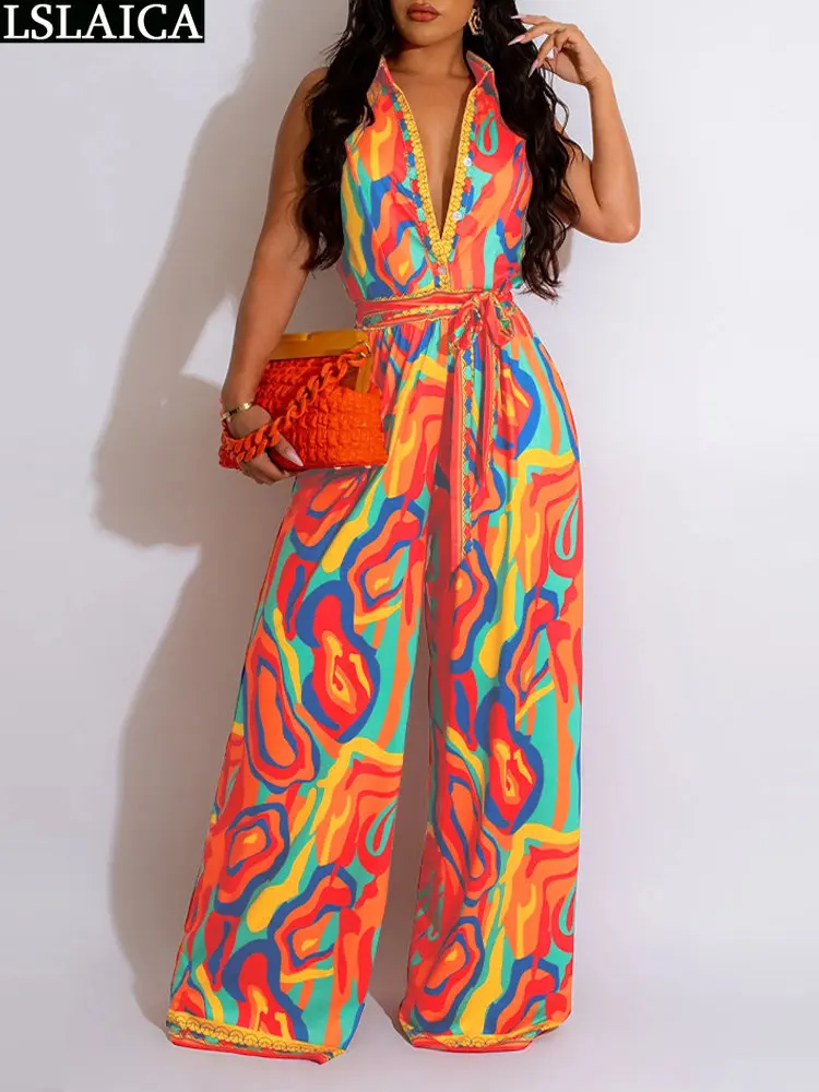 

Print Elegant Long Women's Overalls Sleeveless Jumpsuit Summer Turn-down Collar Female Clothing Bandage Wide Leg Pant Rompers