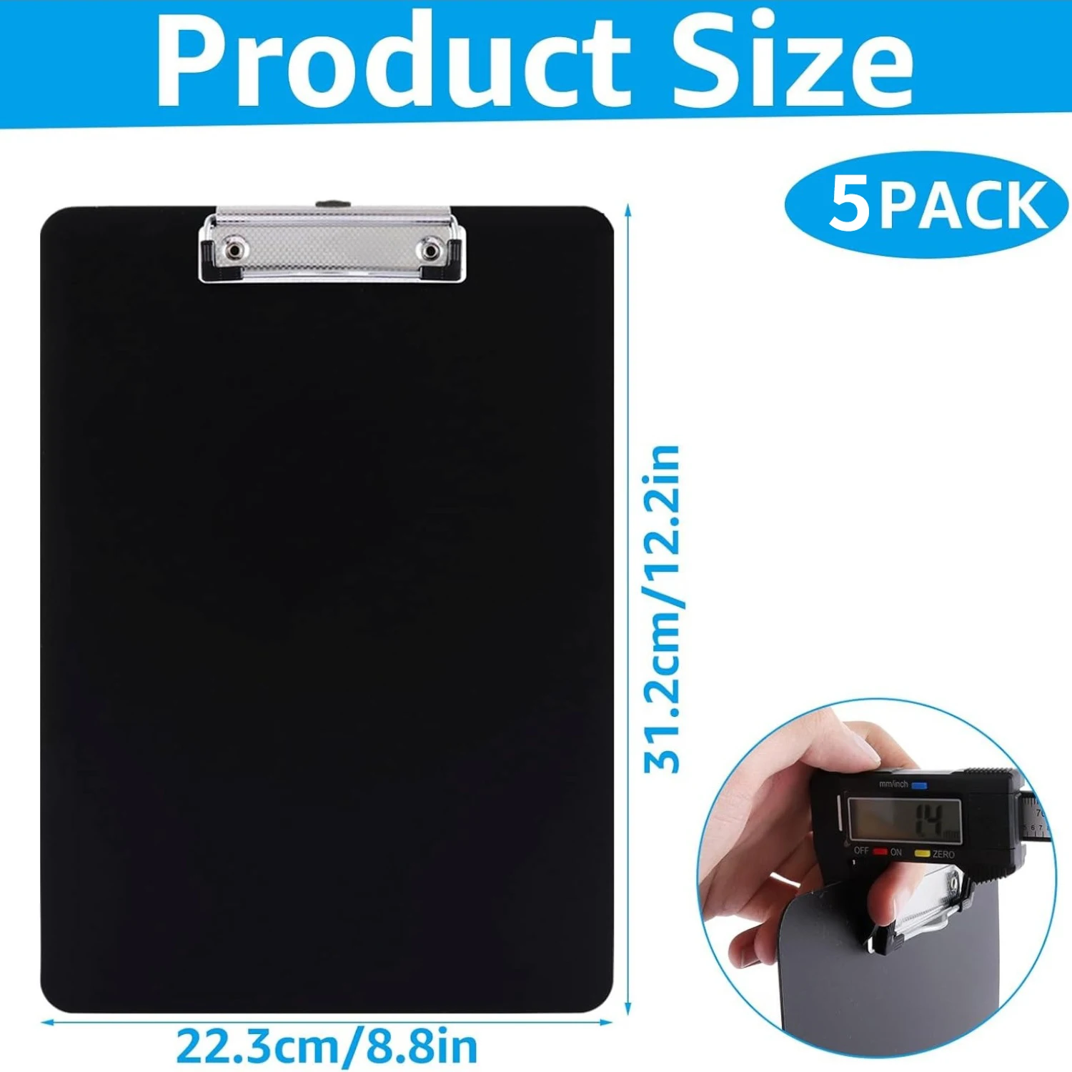 5-Pack Black A4 Clipboards with Low Profile Clip and Hanging Hole