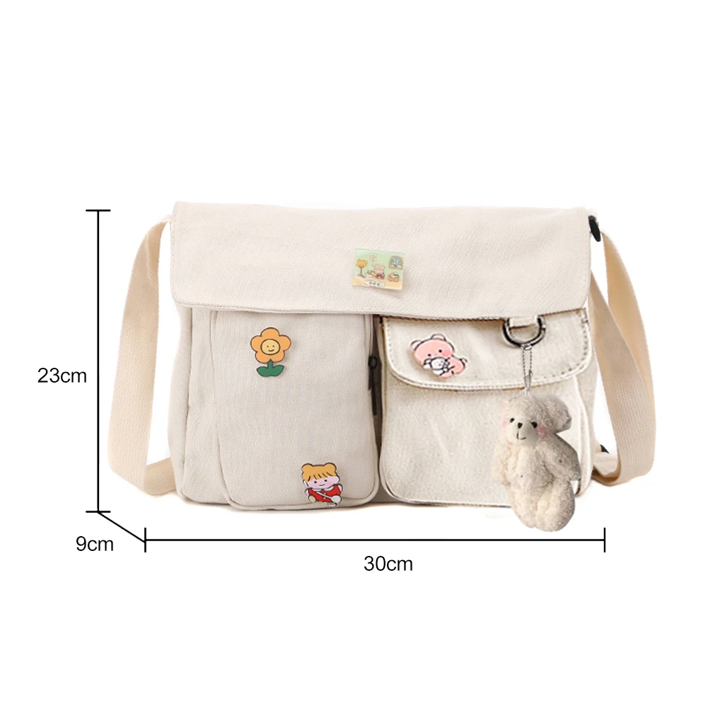 Student Cute Shoulder Bag Japanese Harajuku Crossbody Bags Large Tote Handbags with Pendant Badges Women Canvas Messenger Pouch