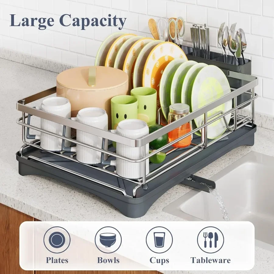 Dish Drying Rack Stainless Steel Dish Rack for Kitchen Counter LargeCapacity Dish Drainer with Cutlery Holder Kitchen Organizer