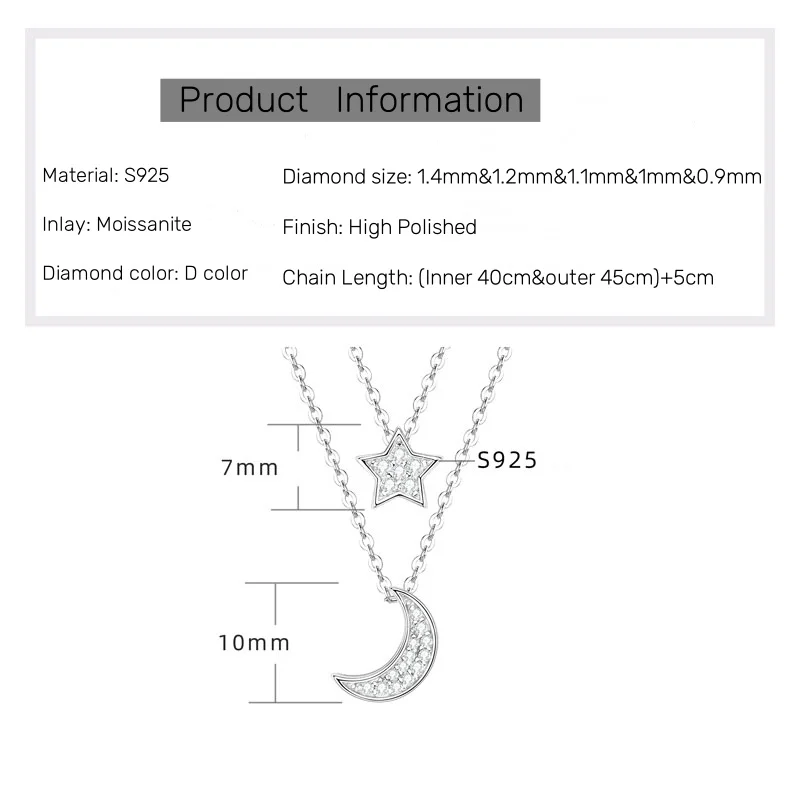 Moon Star Pendant Moissanite Diamond Necklace 925 Silver Double Layer Chains for Women Engagement Wedding Jewelry