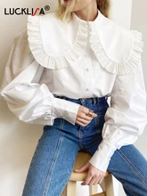 

Lucklisa Babydoll Collar Blouse Women White Lantern Sleeve Shirts Women Casual Long Sleeve Button Blouse Fashion Sping Clothing