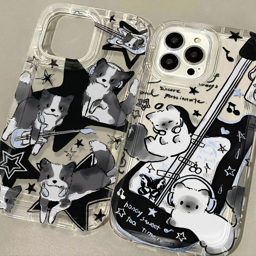 Luxurious Black Guitar Music Cat Clear Shockproof Airbag Case