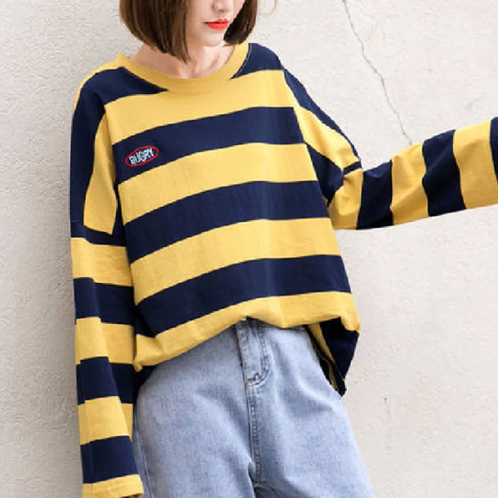 

Women Spring Autumn Stripes Long Sleeve Loose T Shirt Blouse