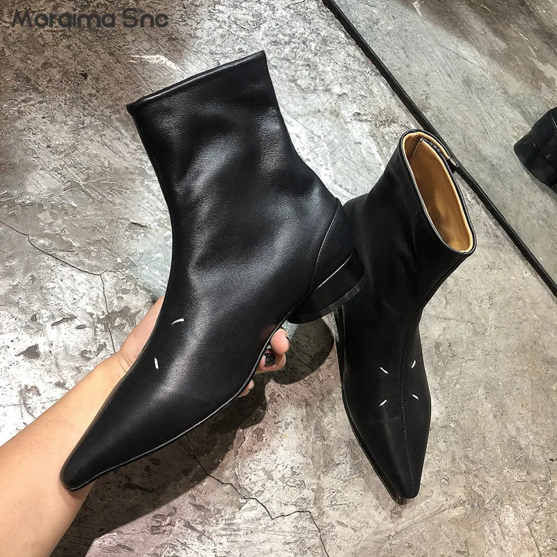 

Pointed Toe Thick Heel Simple Short Boots Black Fiber Leather Low Heel Slip-On Casual Boots Personalized Daily Women's Shoes