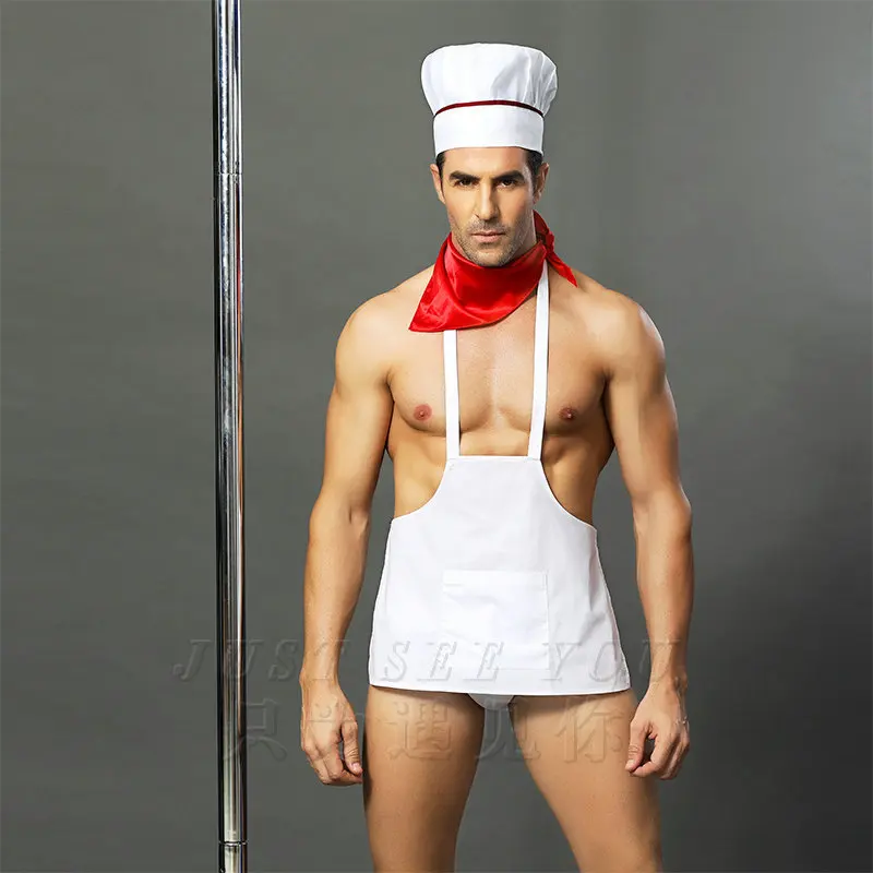 

New Fashion Summer Chef Police Men's Erotic Uniform Role-Playing Matching Red Scarf Chef's Hat Apron Panties Even Size Sexy Set