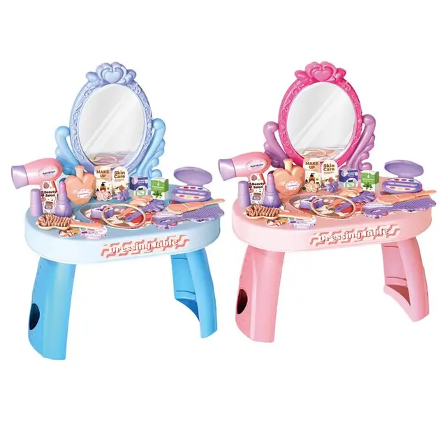 Kids Pretend Play Vanity Toys Dressing Table With Mirror Makeup Set