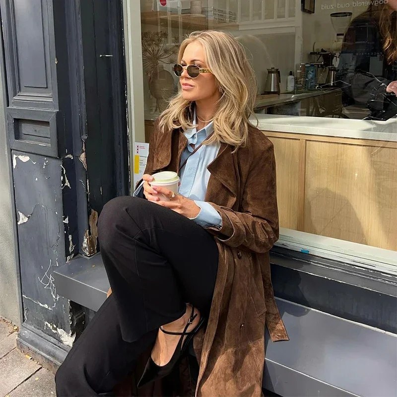 Elegant Suede Long Trench Coat Women Belt Double Breasted Full Sleeve Brown Windbreaker Autumn Lady Street Outwears New