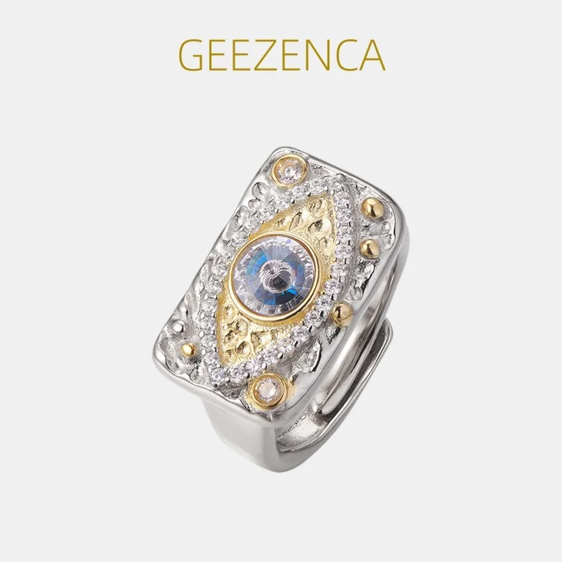 

GEEZENCA 925 Sterling Silver Rings 5A Zircon Pave Setting Rectangle Ring For Women Eye Shaped Chic Wide Rings 2024 New Gift