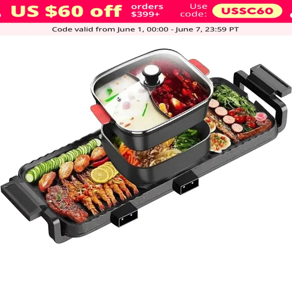 

2 in1Electric BBQ Grill Hot Pot, Hot Pot with Grill,Non-Stick Barbecue Grill Indoor,Separate Dual Temperature Control,Hotpot BBQ