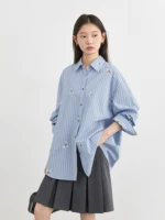CHIC VEN femmes chemise ample décontracté à manches longues nouveau rayé brodé coton chemise femmes Blouses printemps automne 2025 vêtements 3