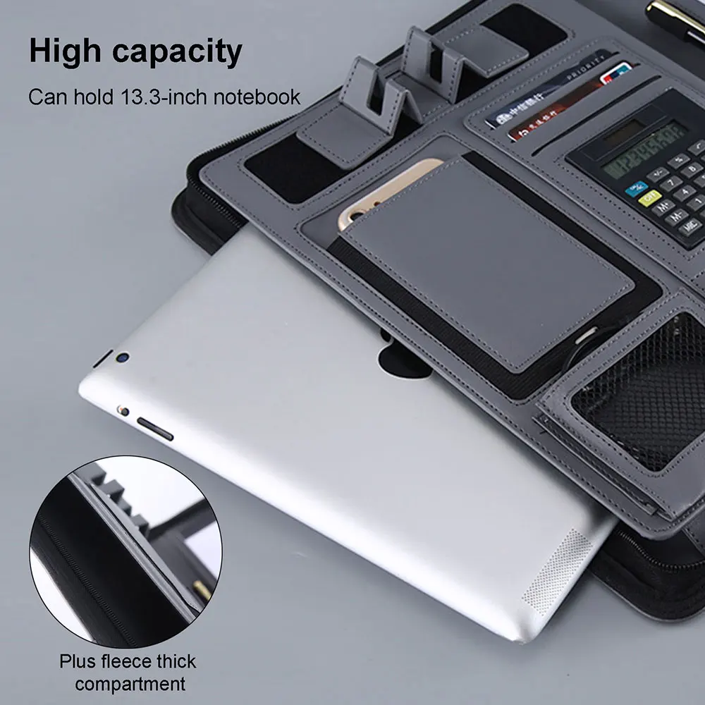 A4 Leather Folder Wireless Charging Portfolio Zipper Binder Business Padfolio Organizer Calculator 8000mah Power Bank Briefcase document bag leather folder