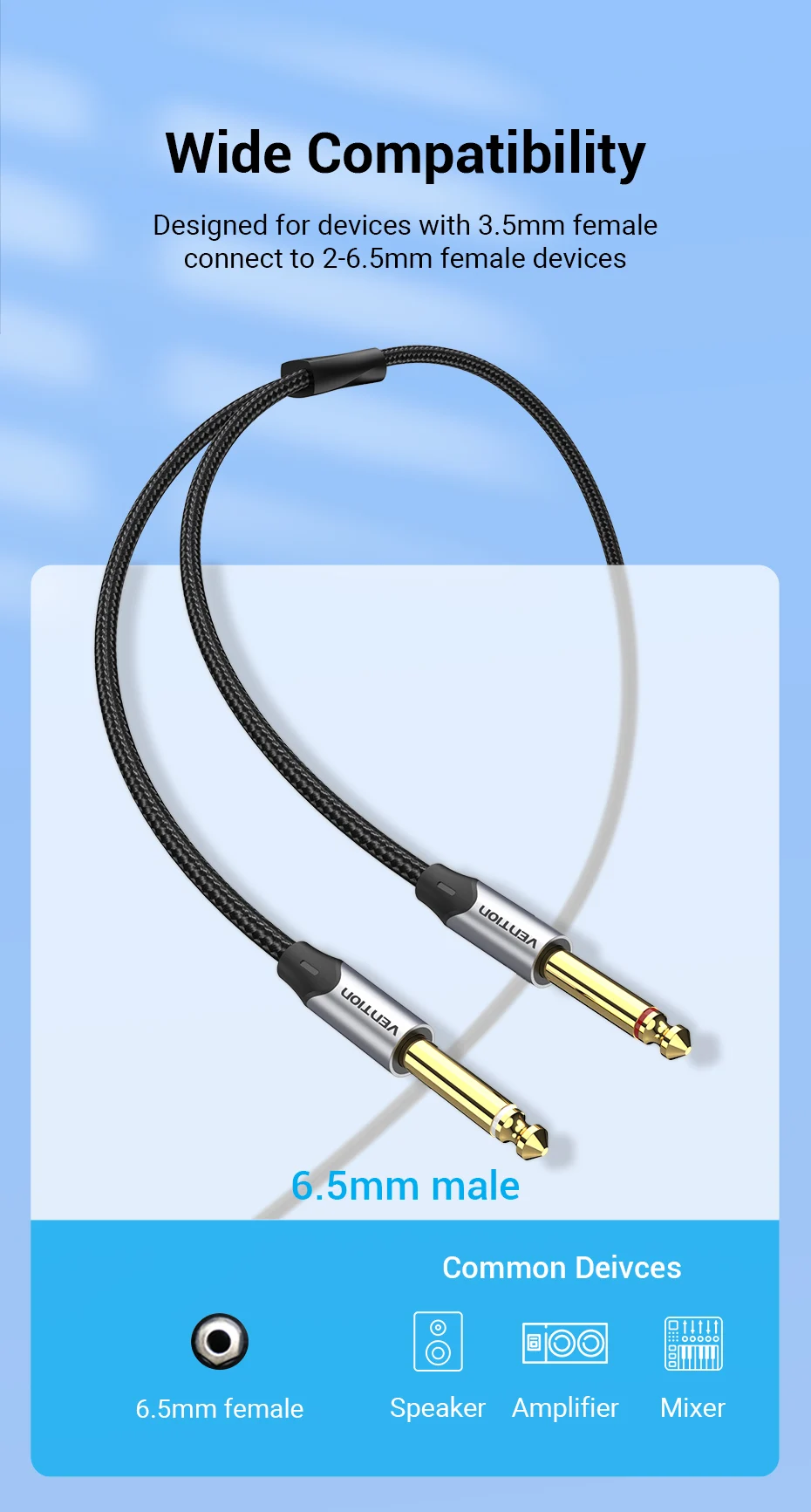 3.5mm to Double 6.5mm TRS Cable AUX Adapter Audio Cable 6.5 Jack to Stereo 3.5 J