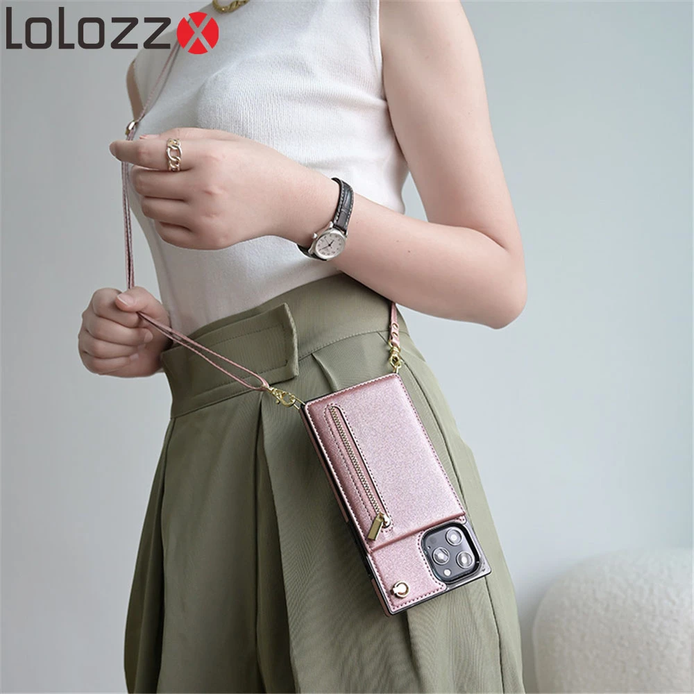 Card Holder Slot Lanyard Cord Leather Phone Case For iPhone 13 12 11 Pro Max 7 8 Plus X XS XR SE 2 Crossbody Strap Wallet Cover iphone 13 mini case clear