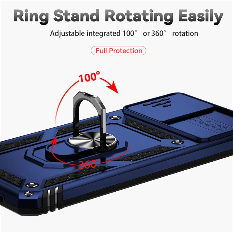 Motorola Moto G22 Protective Armor Case with Slide Lens Cover, Magnetic Holder, and Ring Stand