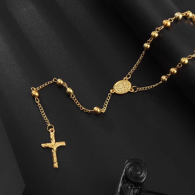 Pendant Necklace Jesus Beads Women Cross Rosary Necklace Gold