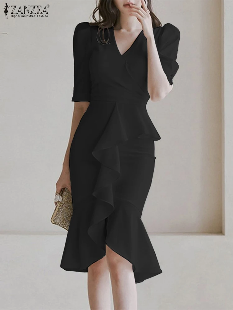 

ZANZEA Elegant Ruffles Stitching Mermaid Dress Fashion Bodycon Knee-length Dress Sexy Women V Neck Vestidos Office Party Robes