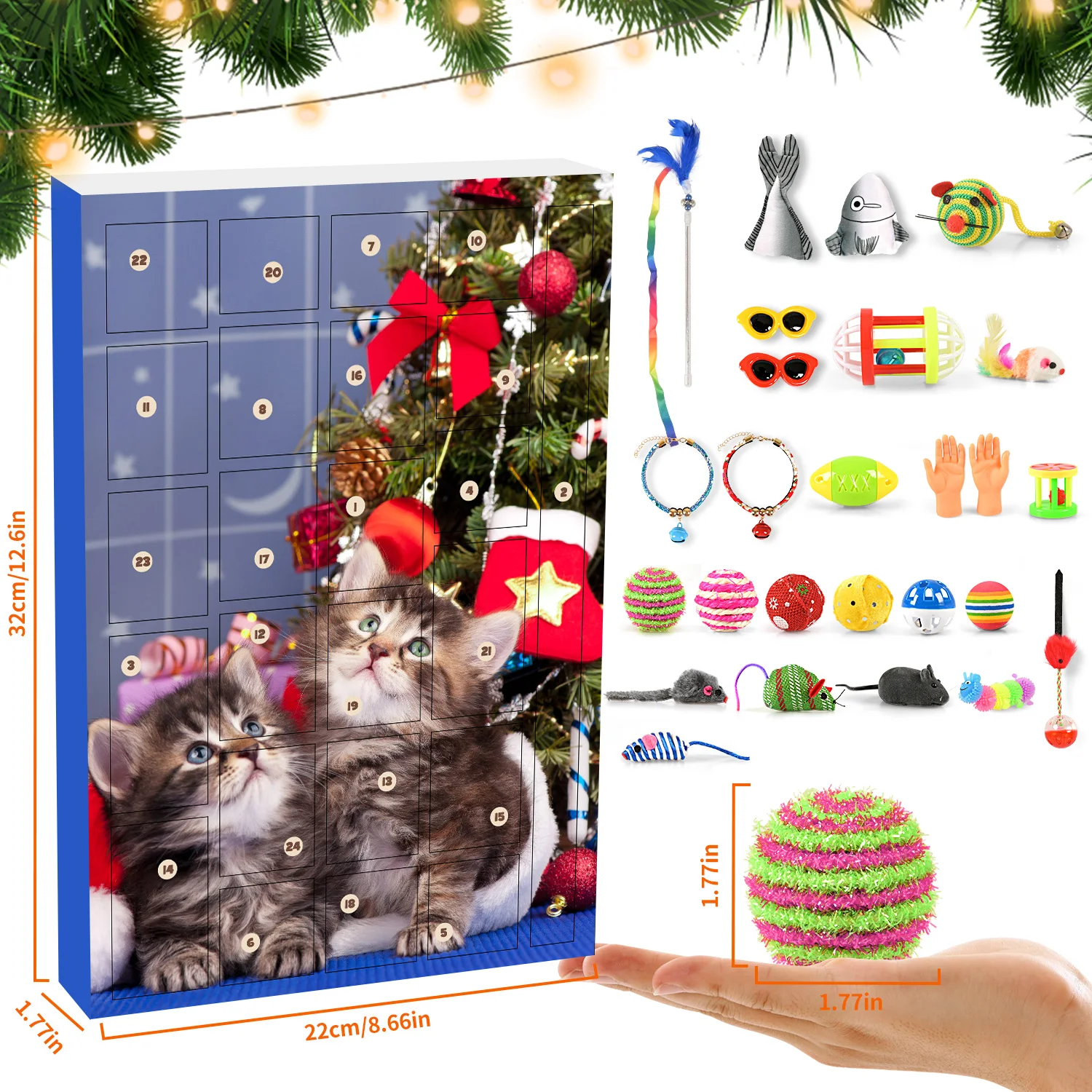 thumbnail image 1 of Calendario de Adviento de juguetes para gatos 2024 Navidad, 24 piezas de juguetes interactivos para gatitos, collares para gatos, surtidos de plumas para gatos, pez con hierba gatera,, 1 of 4