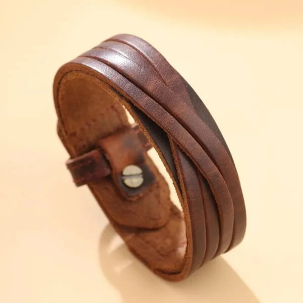 

Vintage Punk Multilayer Genuine Leather Bracelet Biker Bangle for Men Handmade Leather Wristband Steam Motorcycle Male Jewelry