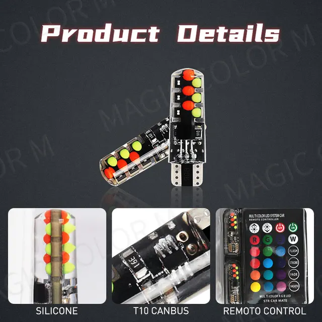 2Pcs T10 RGB LED Bulbs with Remote 3